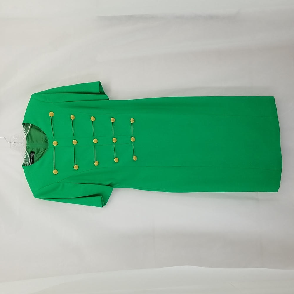 VINTAGE LOUIS FERAUD (French Designer) Green Military Style Tailored Midi Dress
